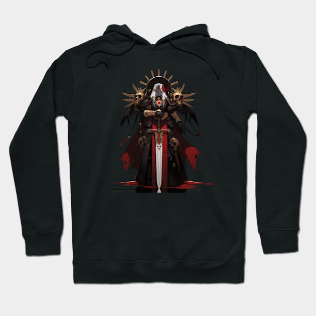 Black hooded sweatshirt with warrior graphic design, featuring skulls and sword, cotton material, casual wear.