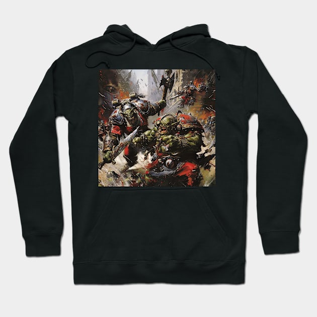 Black hoodie featuring vibrant fantasy battle graphic, cotton material, casual wear, comfortable fit for everyday use.