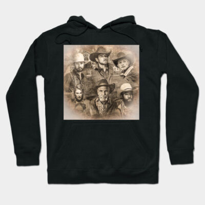 Black hoodie with vintage cowboy print design, unisex style, cozy cotton material, casual wear.