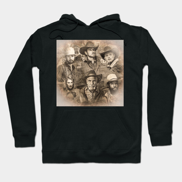 Black hoodie with vintage cowboy print design, unisex style, cozy cotton material, casual wear.