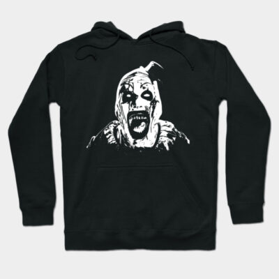 Black horror-themed hoodie with creepy face design, perfect for Halloween or casual wear, unisex, cotton blend.