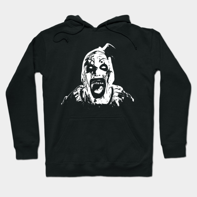 Black horror-themed hoodie with creepy face design, perfect for Halloween or casual wear, unisex, cotton blend.