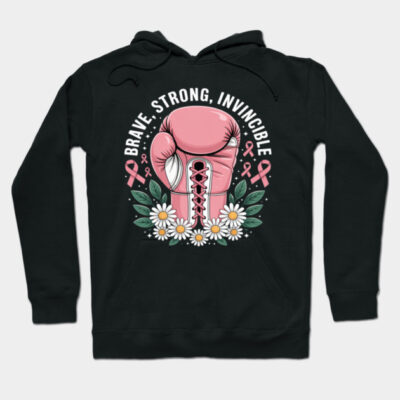 Black hoodie with pink boxing glove design, floral accents, and motivational text. Casual wear, cotton blend, unisex style.