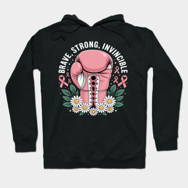 Black hoodie with pink boxing glove design, floral accents, and motivational text. Casual wear, cotton blend, unisex style.