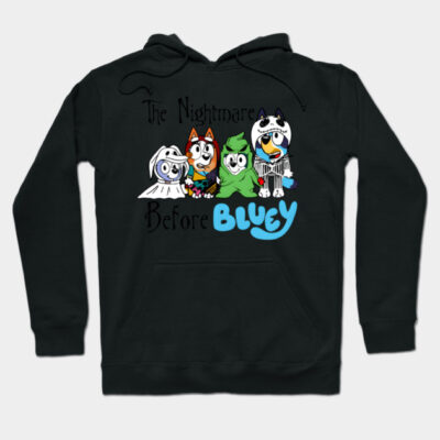 Black hoodie featuring colorful cartoon characters with text "The Nightmare Before Bluey," perfect for casual wear.