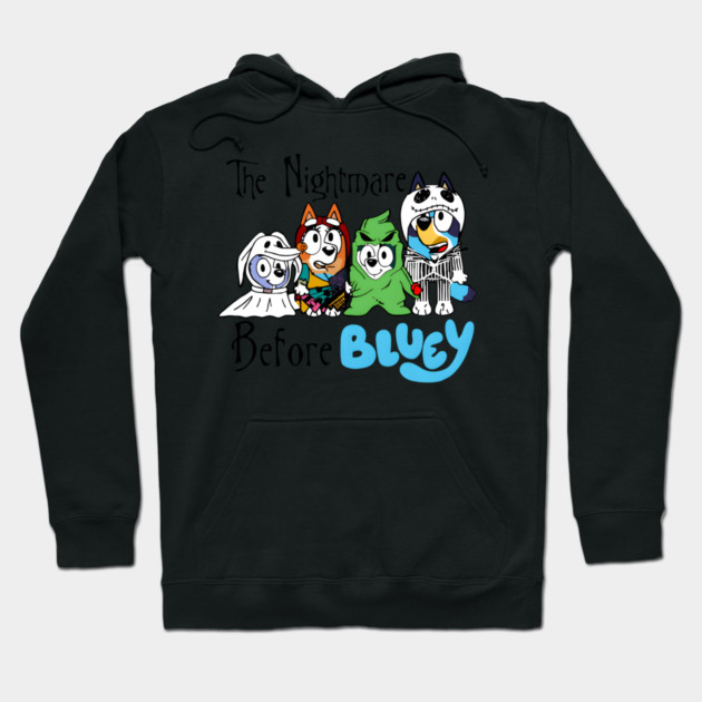 Black hoodie featuring colorful cartoon characters with text "The Nightmare Before Bluey," perfect for casual wear.