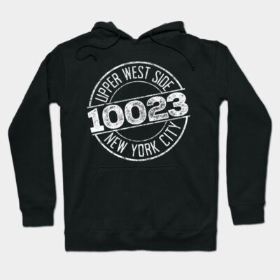 Black hoodie with "Upper West Side 10023 New York City" design, casual urban style, cotton blend, unisex.