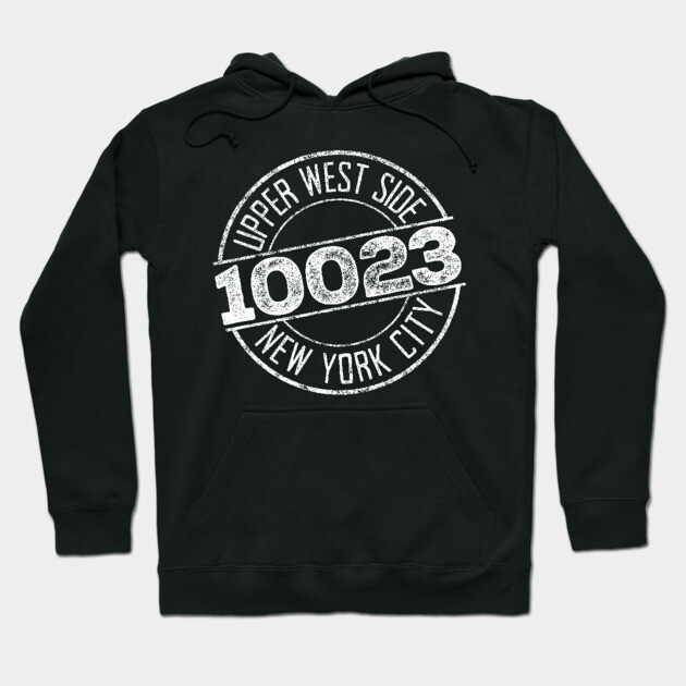 Black hoodie with "Upper West Side 10023 New York City" design, casual urban style, cotton blend, unisex.