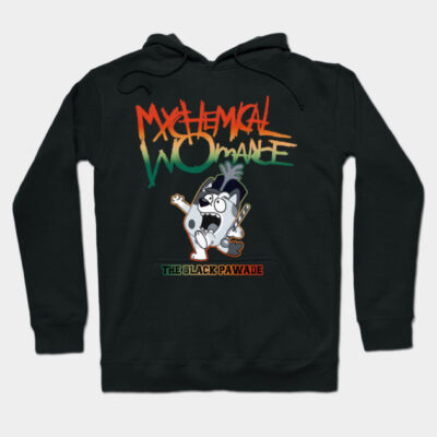 Black graphic hoodie featuring colorful text and cartoon design, casual style, unisex cotton blend, perfect for cool weather.