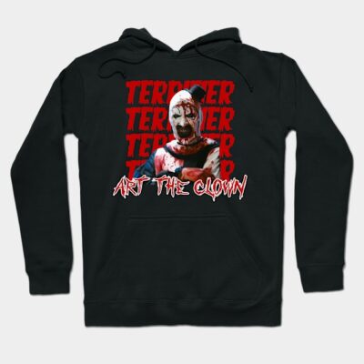 Black horror-themed hoodie with red graphic design, featuring creepy clown print. Ideal for Halloween or casual wear.