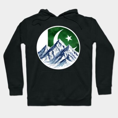 Black hoodie with mountain and flag design, featuring long sleeves and kangaroo pocket, perfect for casual wear.
