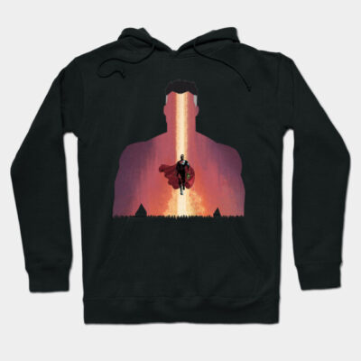 Black hoodie with superhero silhouette design, vibrant colors, comfortable cotton material, ideal for casual wear.