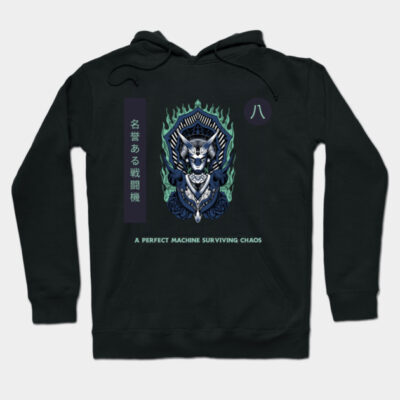 Black hoodie featuring intricate robotic design with Japanese text, ideal for casual wear, cotton blend material.