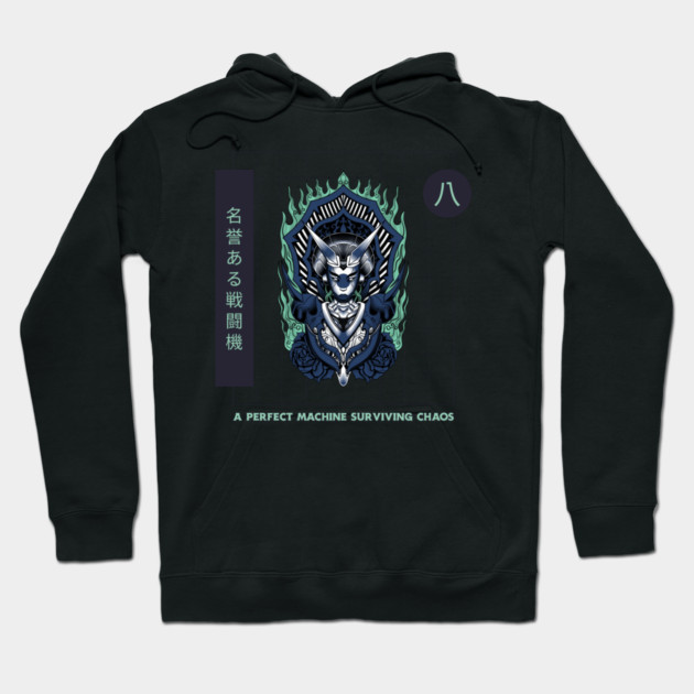 Black hoodie featuring intricate robotic design with Japanese text, ideal for casual wear, cotton blend material.