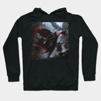 Black hoodie with fantasy art design, featuring red and gray tones. Cozy cotton material, perfect for casual wear.