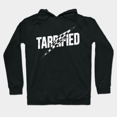 Black hoodie with "TARRIFIED" graphic, drawstring hood, casual style, cotton blend, perfect for everyday wear.