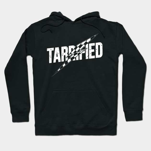 Black hoodie with "TARRIFIED" graphic, drawstring hood, casual style, cotton blend, perfect for everyday wear.