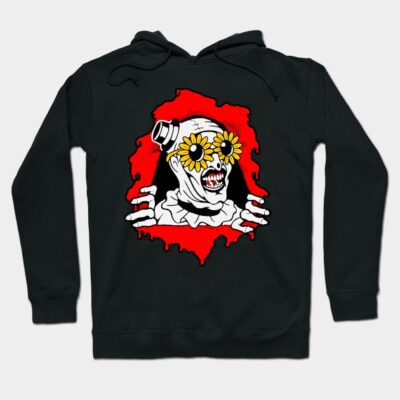 Black hoodie with vibrant horror-themed graphic, featuring a clown with sunflower eyes, perfect for casual wear.