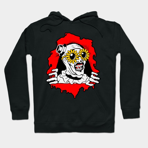 Black hoodie with vibrant horror-themed graphic, featuring a clown with sunflower eyes, perfect for casual wear.