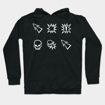Black hoodie with bold white graphic designs, including arrows and skulls. Casual style, ideal for everyday wear.