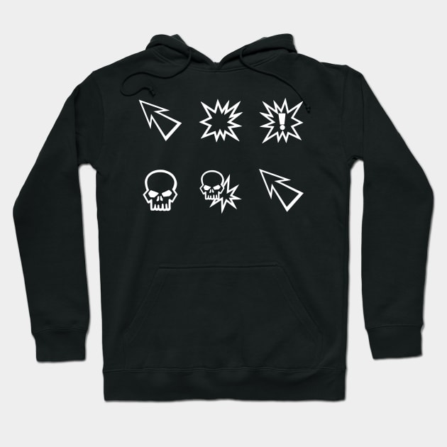 Black hoodie with bold white graphic designs, including arrows and skulls. Casual style, ideal for everyday wear.