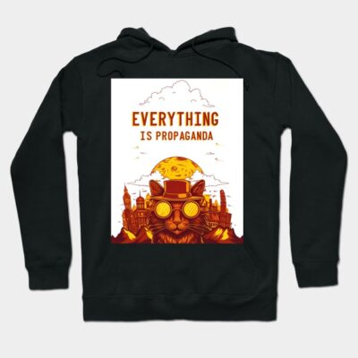 Black hoodie with "Everything is Propaganda" graphic, featuring a cat in steampunk style. Casual wear, cotton blend.