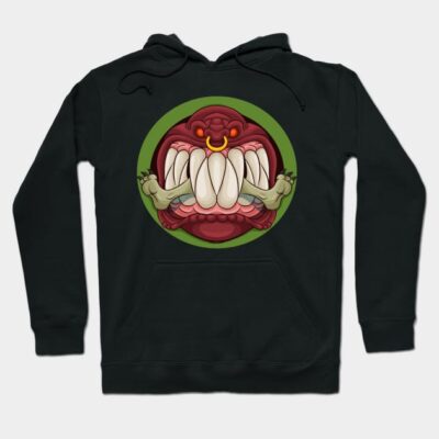 Black hoodie with bold graphic monster design, featuring colorful teeth and eyes, perfect for casual wear.
