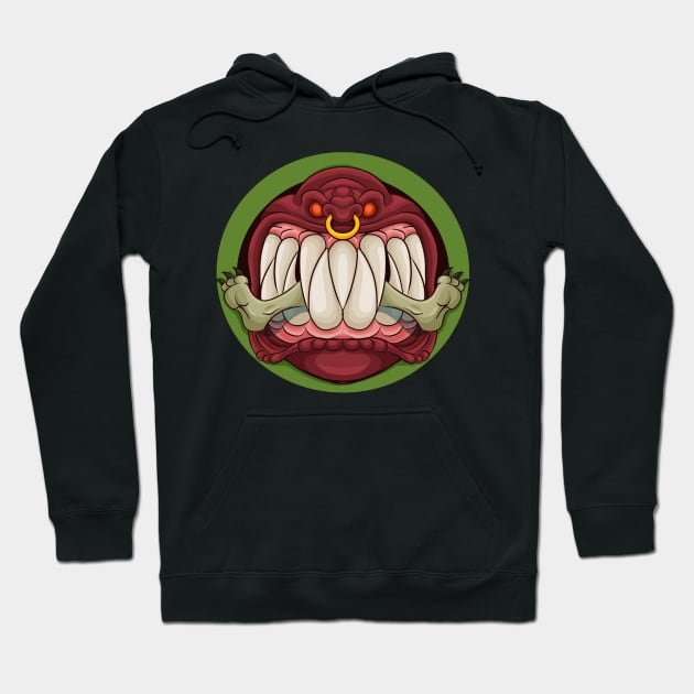 Black hoodie with bold graphic monster design, featuring colorful teeth and eyes, perfect for casual wear.