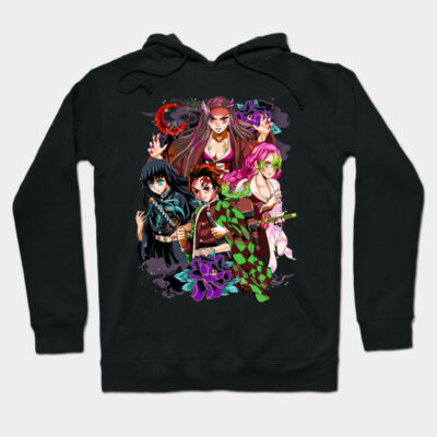 Black anime-themed hoodie with colorful character design, featuring vibrant graphics for casual wear.