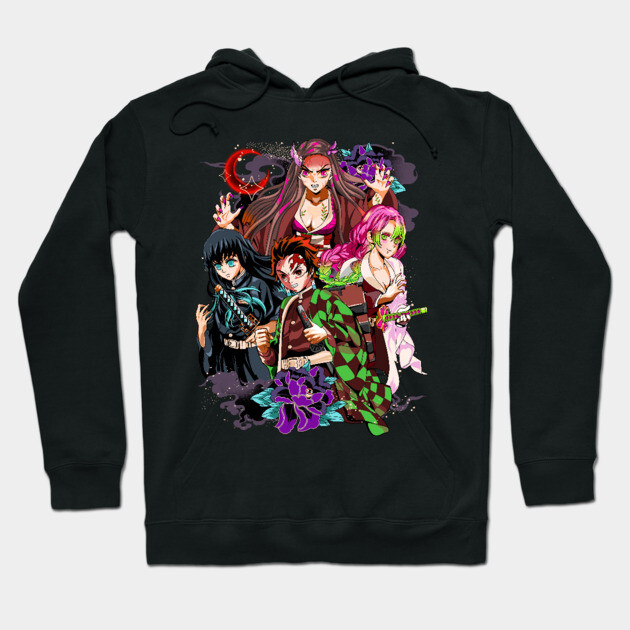 Black anime-themed hoodie with colorful character design, featuring vibrant graphics for casual wear.