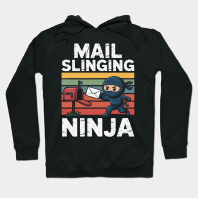 Black hoodie with "Mail Slinging Ninja" graphic, featuring cartoon ninja and mailbox, cotton material, casual wear.
