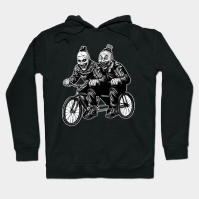 Black hoodie with monochrome clown bicycle design, made of cotton, perfect for casual wear and cooler weather.