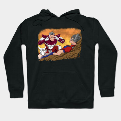 Black hoodie with colorful graphic print, featuring comic-style characters. Casual wear, cotton blend, unisex design.