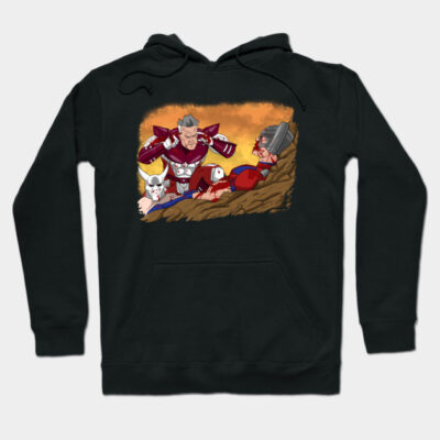 Black hoodie with colorful comic design, featuring action scene and characters, cotton material, casual wear.