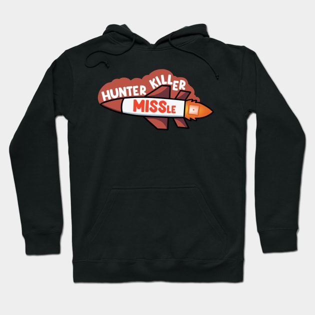 Black hoodie with "Hunter Killer Missile" graphic, casual style, cotton material, perfect for everyday wear.