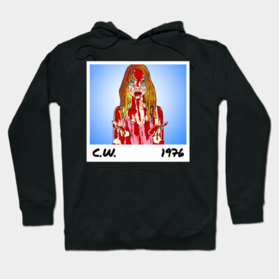 Black graphic hoodie with red and blue illustration, front pocket, and drawstring hood. Comfortable cotton blend material.