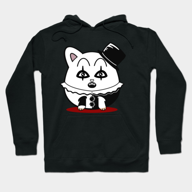 Black hoodie with a cute gothic cat design, featuring a top hat and ruffled collar, perfect for casual wear.
