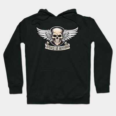 Black hoodie with skull and wings graphic, "Avenge Me Brothers" text, casual style, cotton blend, unisex.
