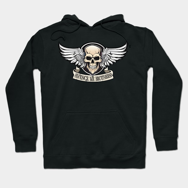 Black hoodie with skull and wings graphic, "Avenge Me Brothers" text, casual style, cotton blend, unisex.