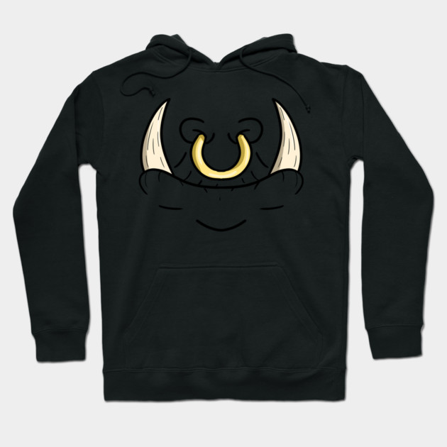 Black hoodie with cartoon boar design, featuring tusks and a nose ring. Perfect for casual wear and cozy comfort.