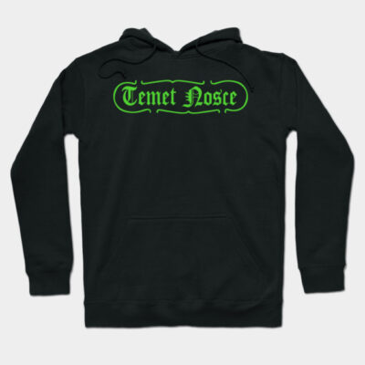 Black hoodie with green "Temet Nosce" text, featuring a front pocket and drawstring hood, casual wear made of cotton blend.