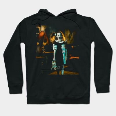 Black cotton hoodie with spooky doll print, perfect for Halloween or casual wear. Unisex style, comfortable and stylish.