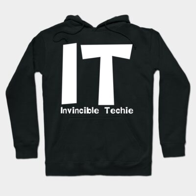 Black hoodie with white "IT Invincible Techie" text, casual style, comfortable cotton material, unisex design.