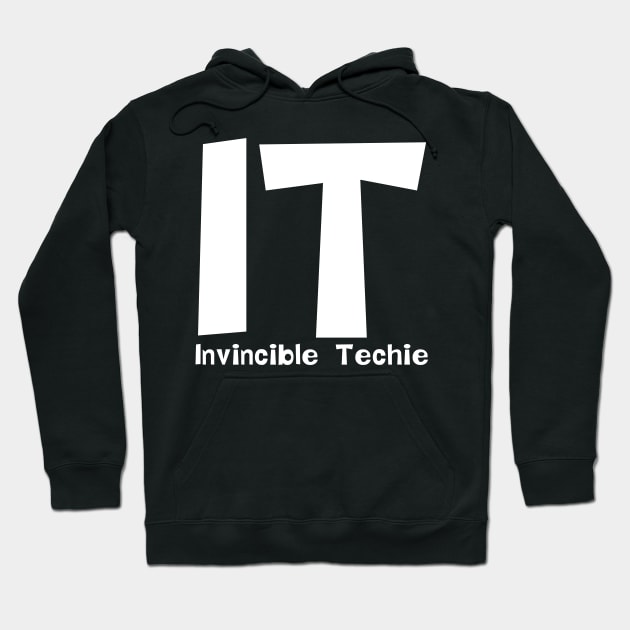 Black hoodie with white "IT Invincible Techie" text, casual style, comfortable cotton material, unisex design.