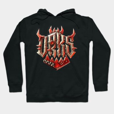 Black hoodie with a bold red and silver graphic design, featuring a medieval-inspired emblem, perfect for casual wear.