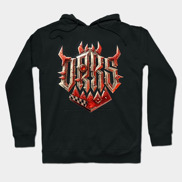 Black hoodie with a bold red and silver graphic design, featuring a medieval-inspired emblem, perfect for casual wear.