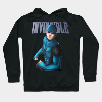 Black hoodie with "Invincible" graphic, featuring blue and black superhero design, perfect for casual wear.