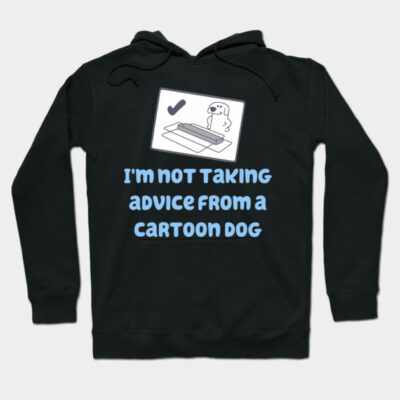 Black hoodie with cartoon dog print and humorous text, cozy cotton material, perfect for casual wear.