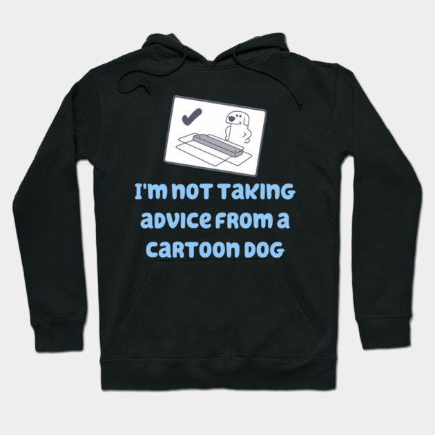Black hoodie with cartoon dog print and humorous text, cozy cotton material, perfect for casual wear.