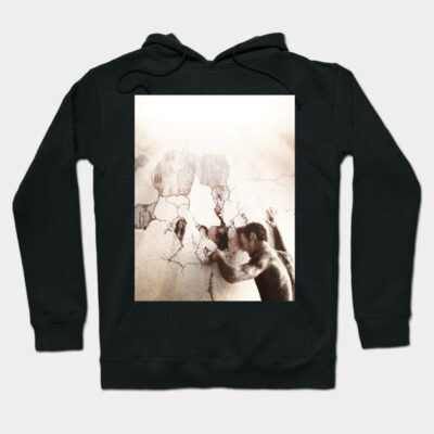 Black hooded sweatshirt with artistic cracked wall print, unisex style, casual wear, soft cotton material.